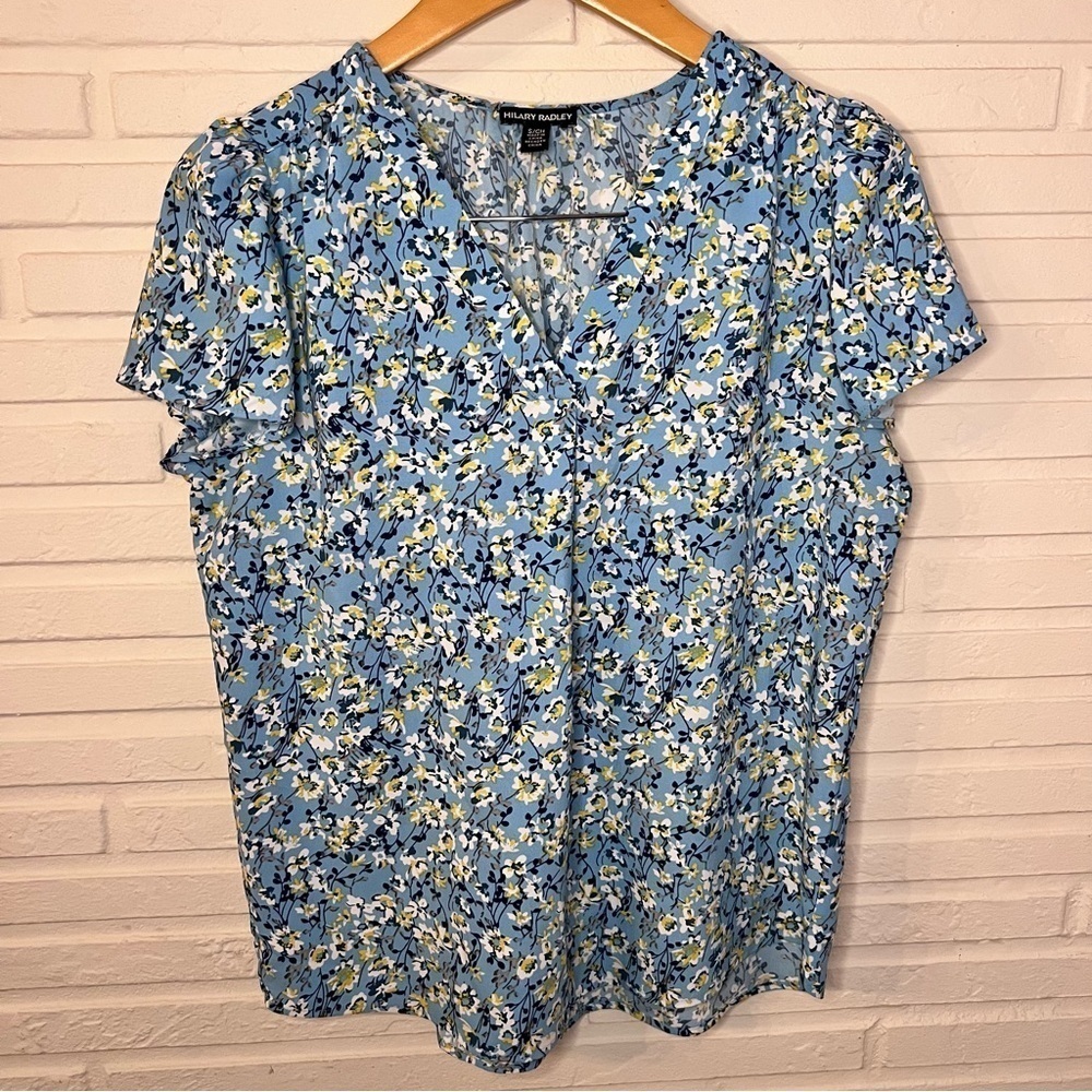 Hilary Radley Blue Floral V-Neck Flutter Sleeve Blouse, Women’s Size Small